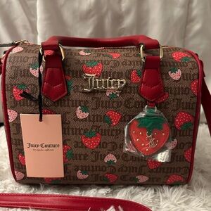 Juicy Couture Red and Brown Satchel with Strawberry Print